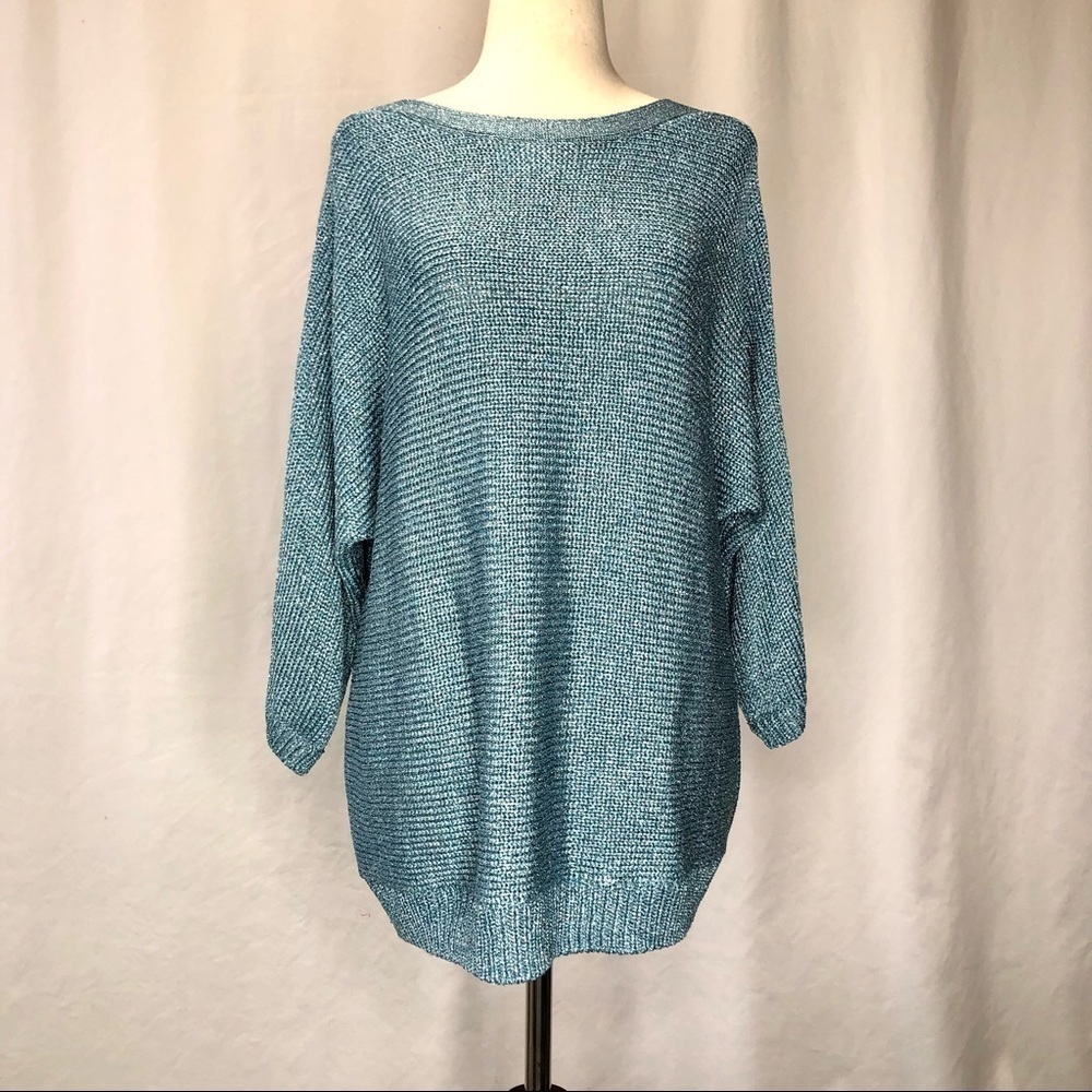 Chico’s sky blue metallic silver dolman sleeve boat neck sweater size 2